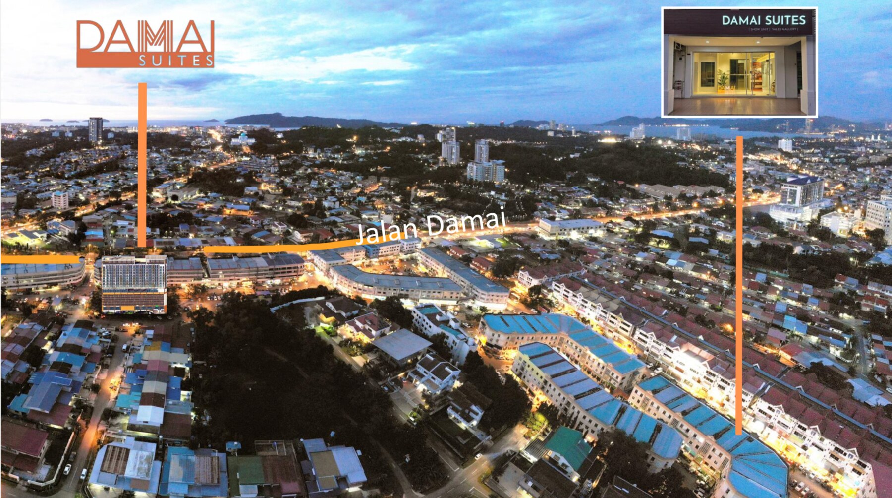 Aerial view showing the Damai Suites location along Jalan Damai