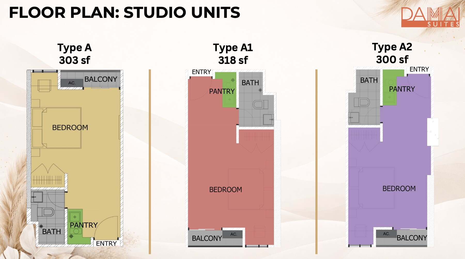 Floor plans for Damai Suites studio units