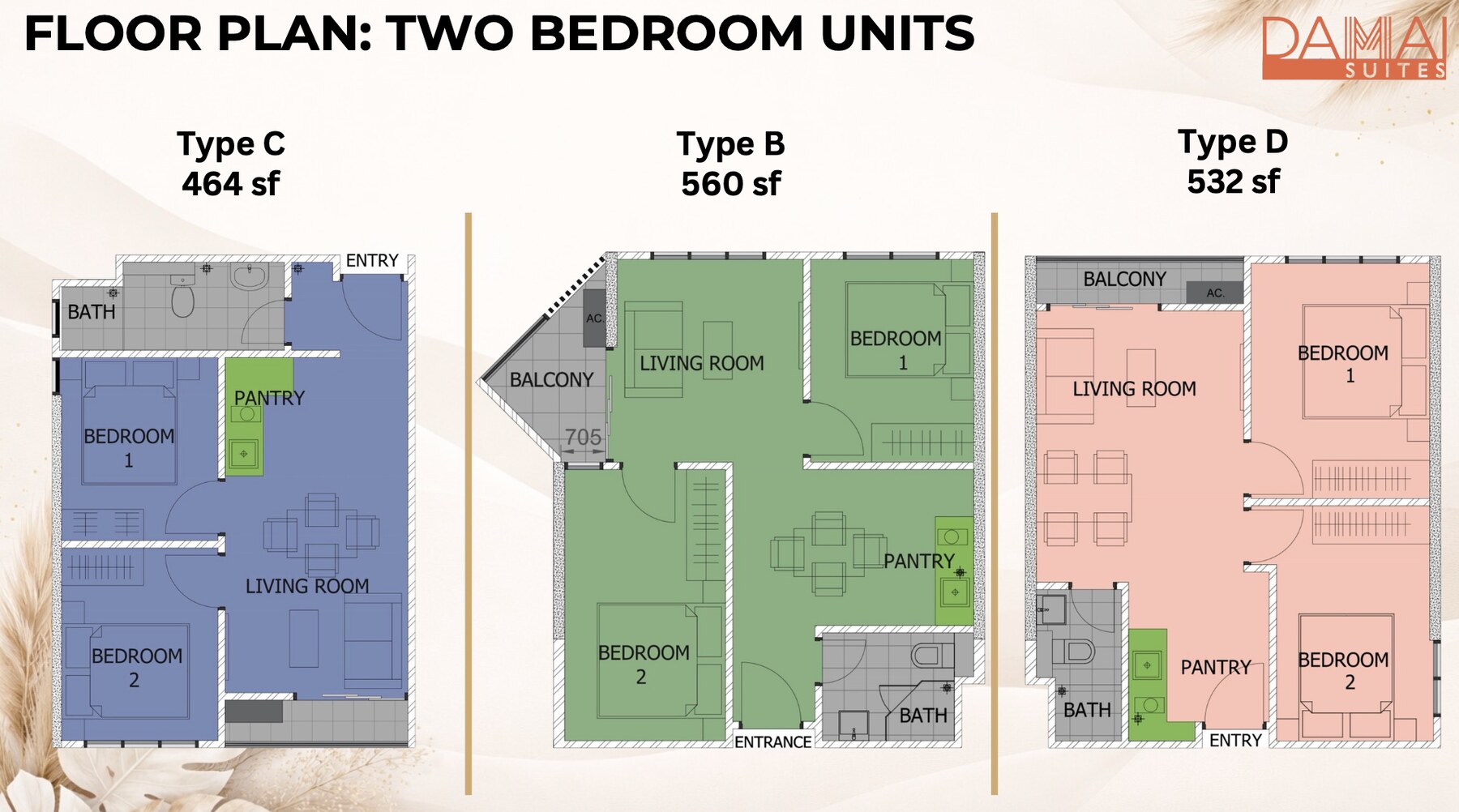 Floor plans for Damai Suites two-bedroom units