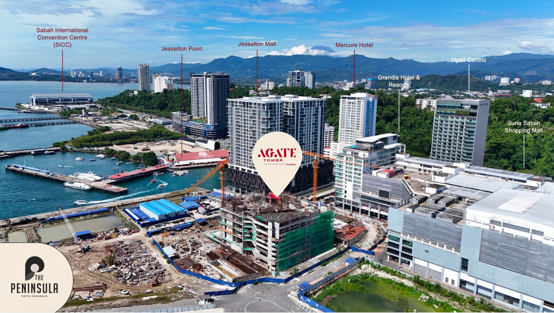 Aerial view showing The Peninsula near Jesselton Point and the Kota Kinabalu business district