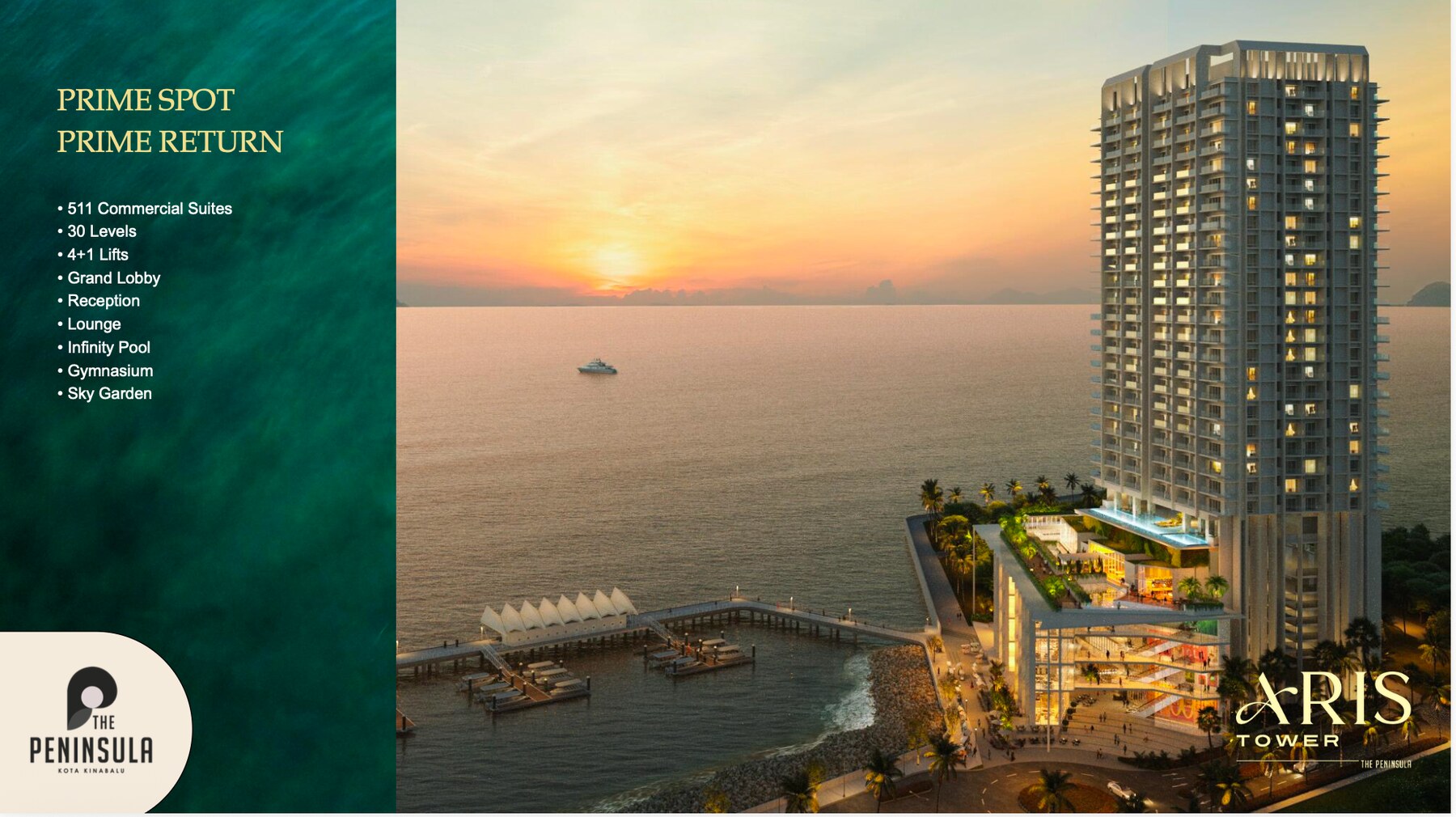 Artist's impression of Aris Tower at sunset overlooking the sea and jetty